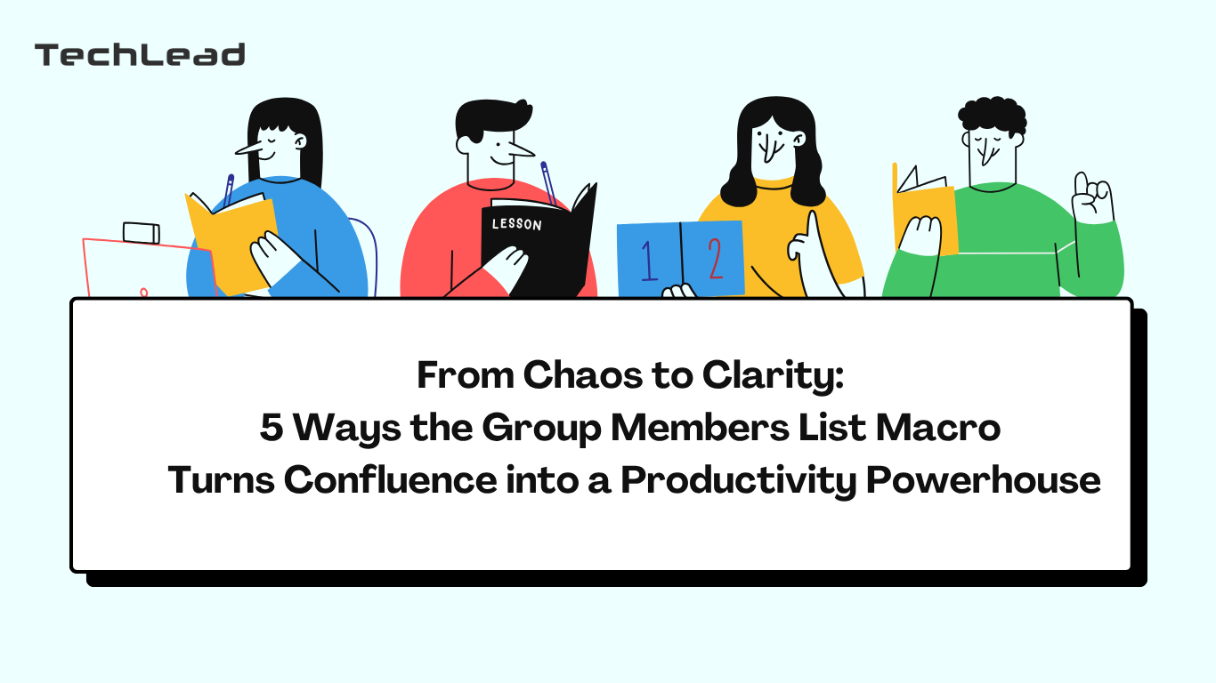 illustration of Confluence using Group Members List Macro for teams, licenses, externals, reports, and languages.