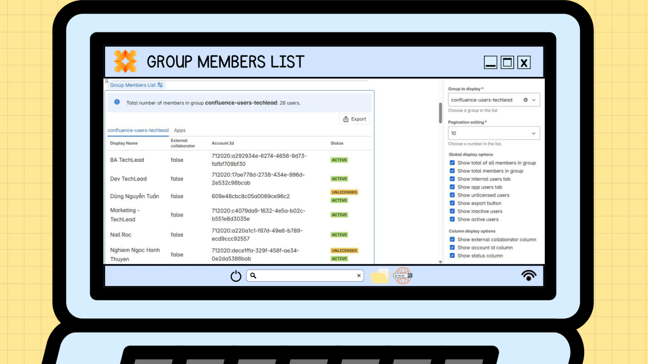 Screenshot of Group Members List Macro interface displaying user roles and status columns, illustrating streamlined team management in Confluence