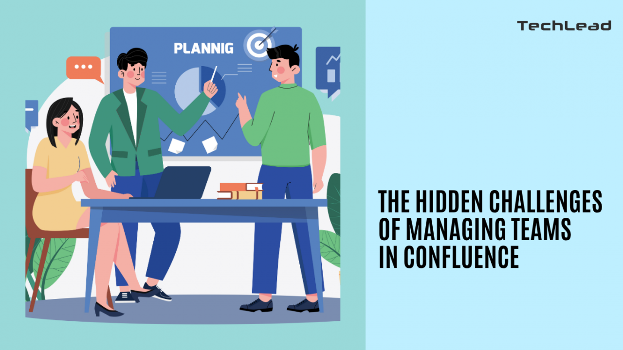 Illustration of three colleagues discussing a planning dashboard, symbolizing the hidden challenges of managing teams in Confluence